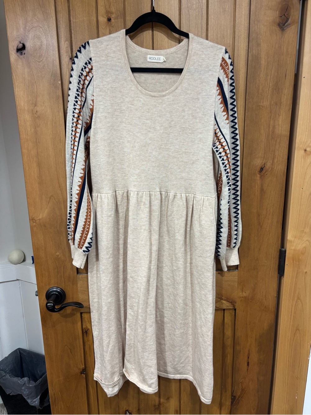 Roolee Cream Long-Sleeve Knit Dress with Patterned Sleeves